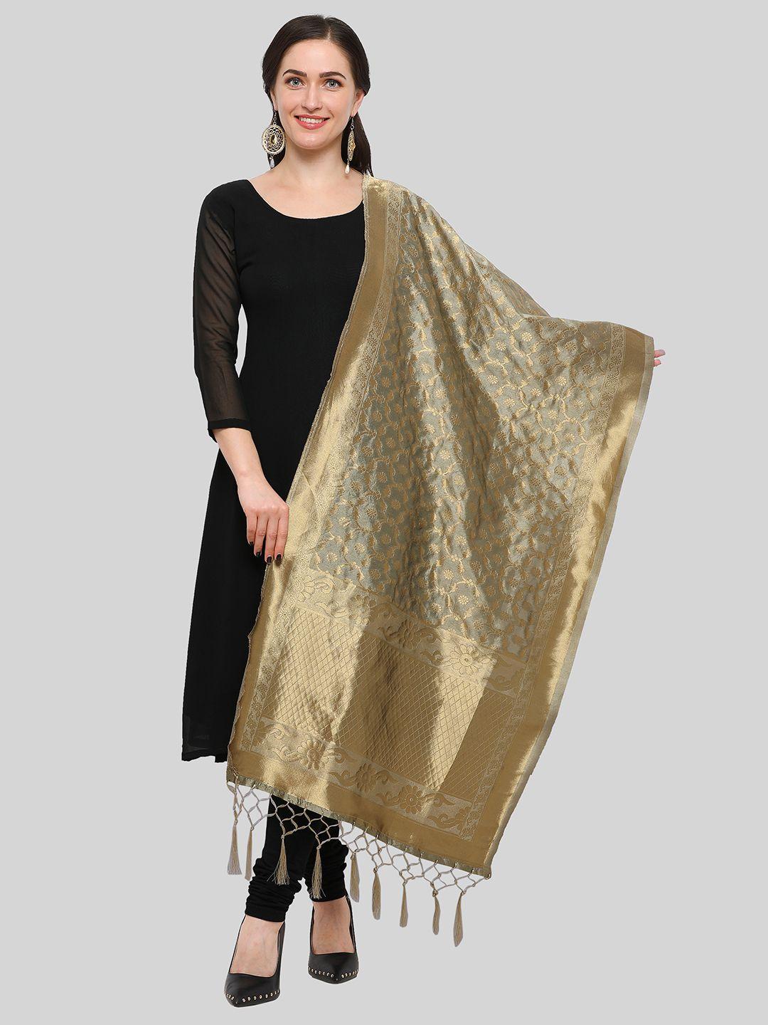 blissta grey & gold-toned woven design banarasi dupatta