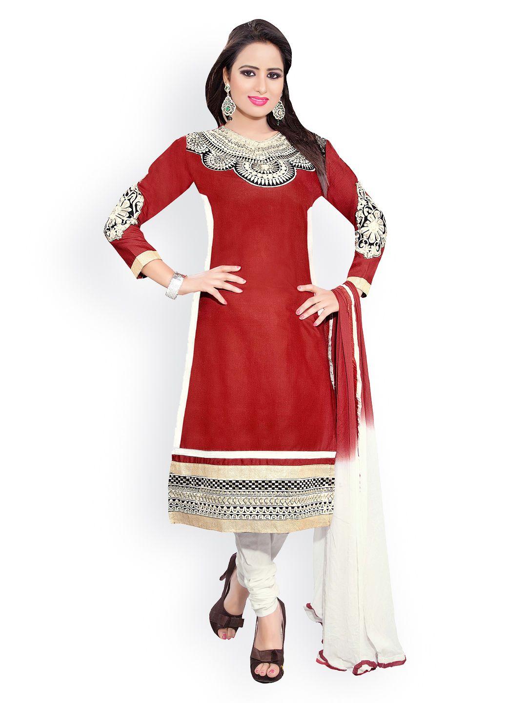 blissta maroon & white embroidered cotton unstitched dress material