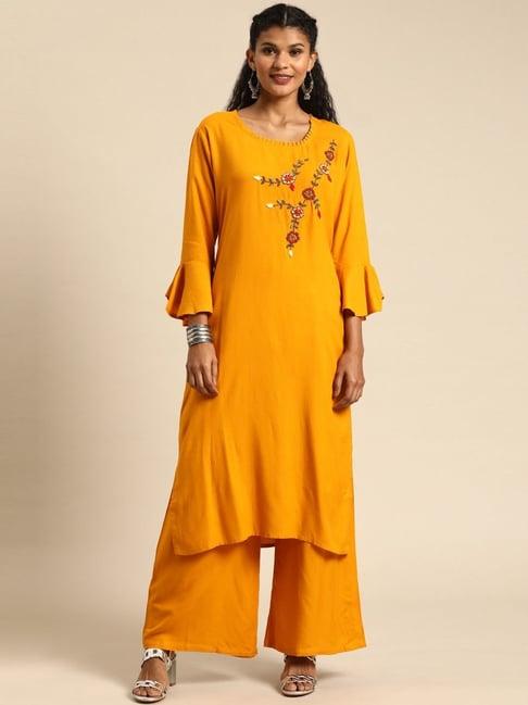 blissta mustard embroidered kurta palazzo set