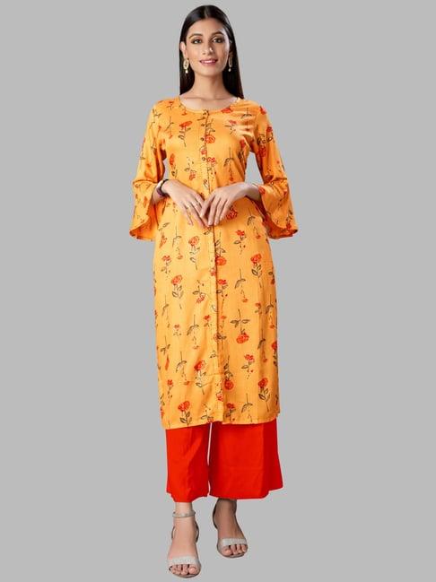 blissta mustard floral print straight kurta