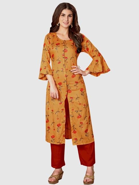 blissta mustard floral print straight kurta