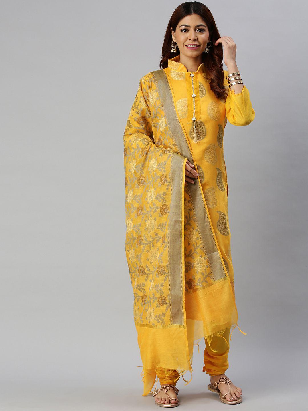 blissta mustard yellow & gold-toned silk blend unstitched dress material