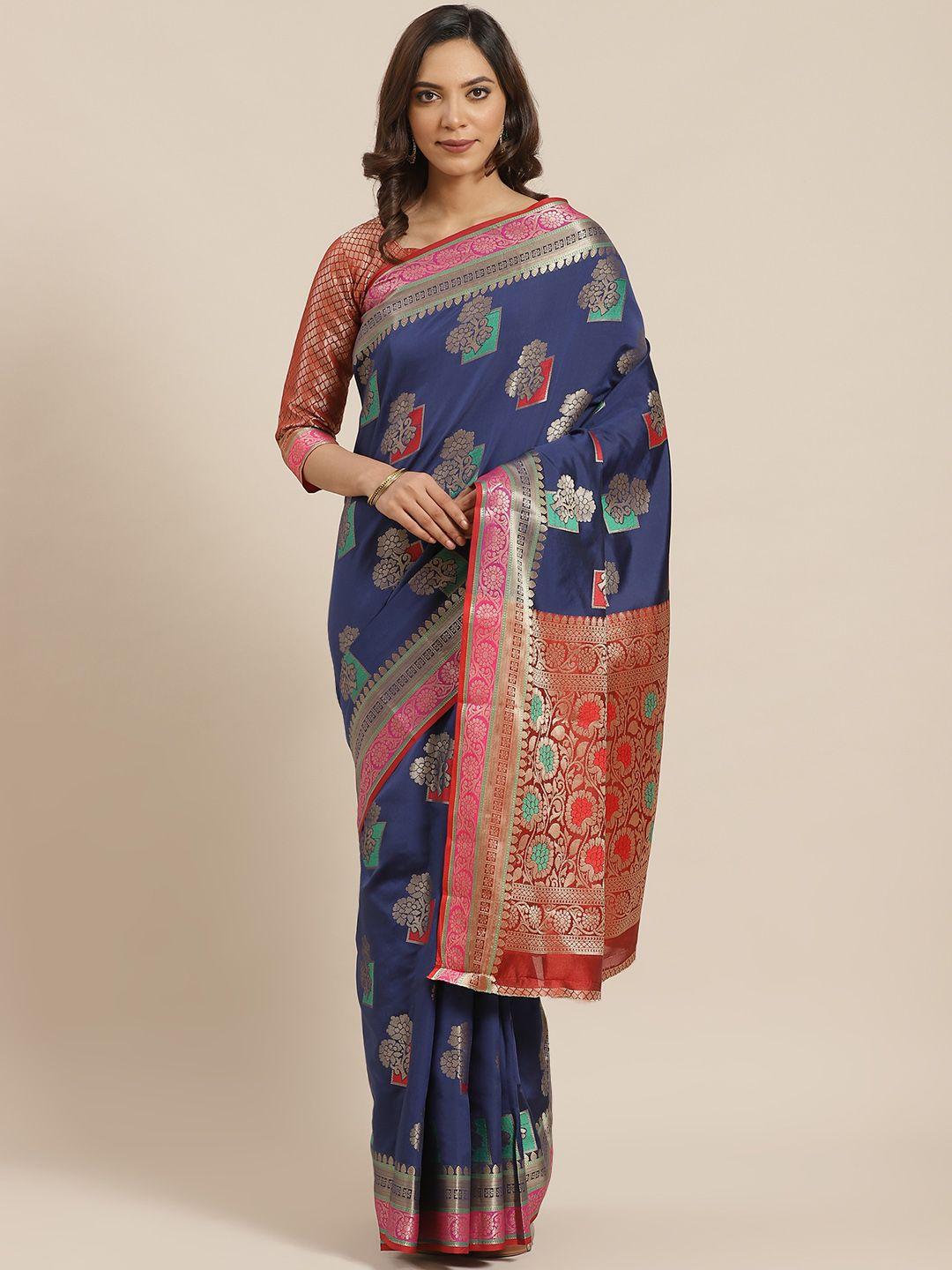 blissta navy blue & golden woven design banarasi saree