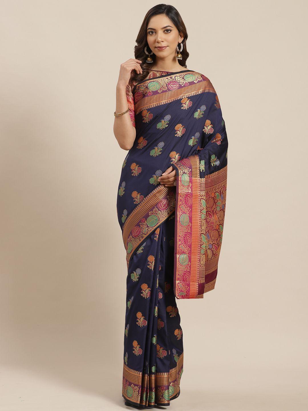 blissta navy blue & golden woven design banarasi saree