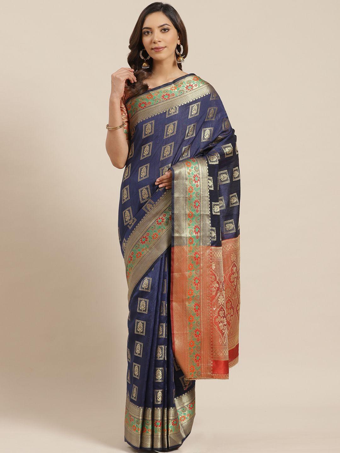 blissta navy blue & golden zari woven design banarasi saree
