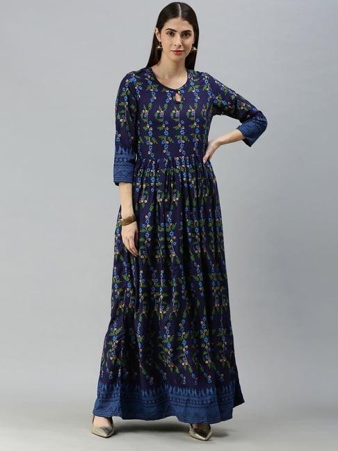 blissta navy floral print anarkali kurta