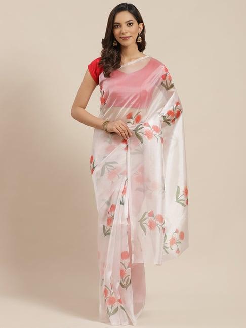 blissta off-white floral print saree with unstitched blouse