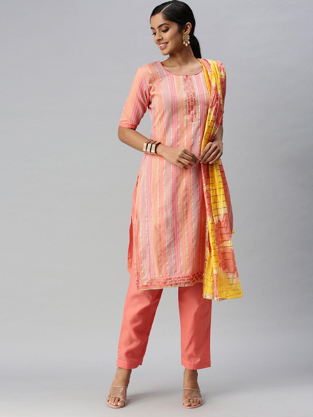 blissta orange & yellow embellished pure cotton unstitched dress material