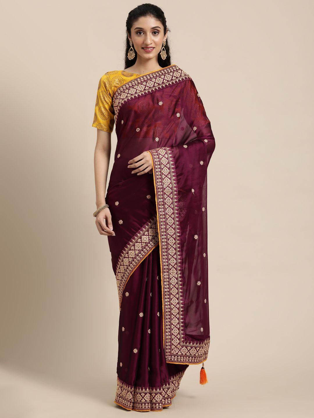 blissta purple & gold-toned embroidered pure georgette heavy work saree