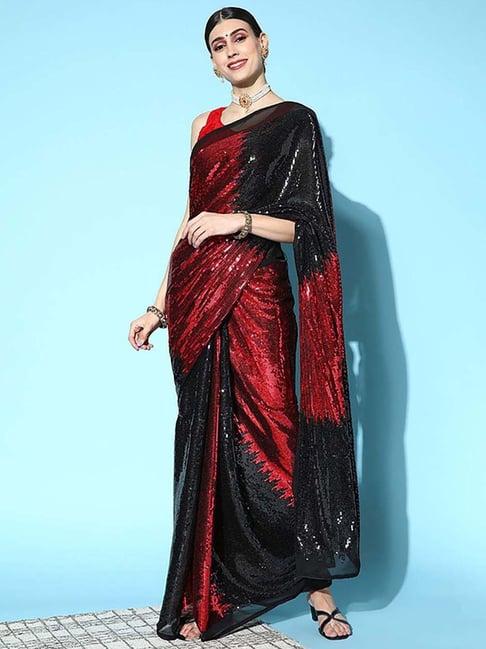blissta red & black embellished saree with unstitched blouse