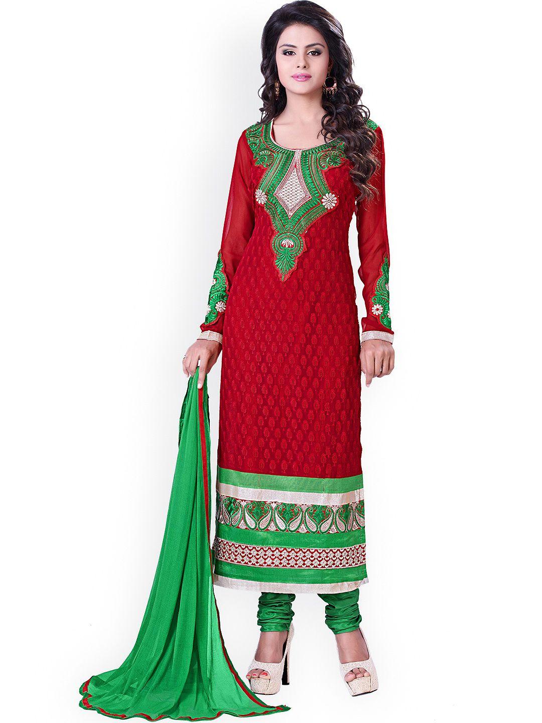 blissta red & green georgette unstitched dress material