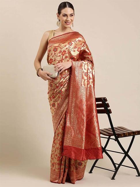 blissta red woven saree with unstitched blouse