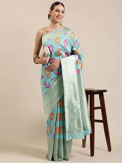 blissta sea blue woven saree with unstitched blouse