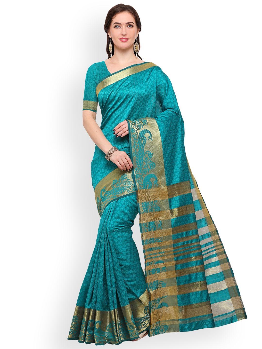 blissta turquoise blue & gold-toned silk blend woven design banarasi saree