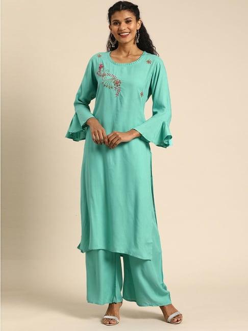 blissta turquoise embroidered kurta palazzo set