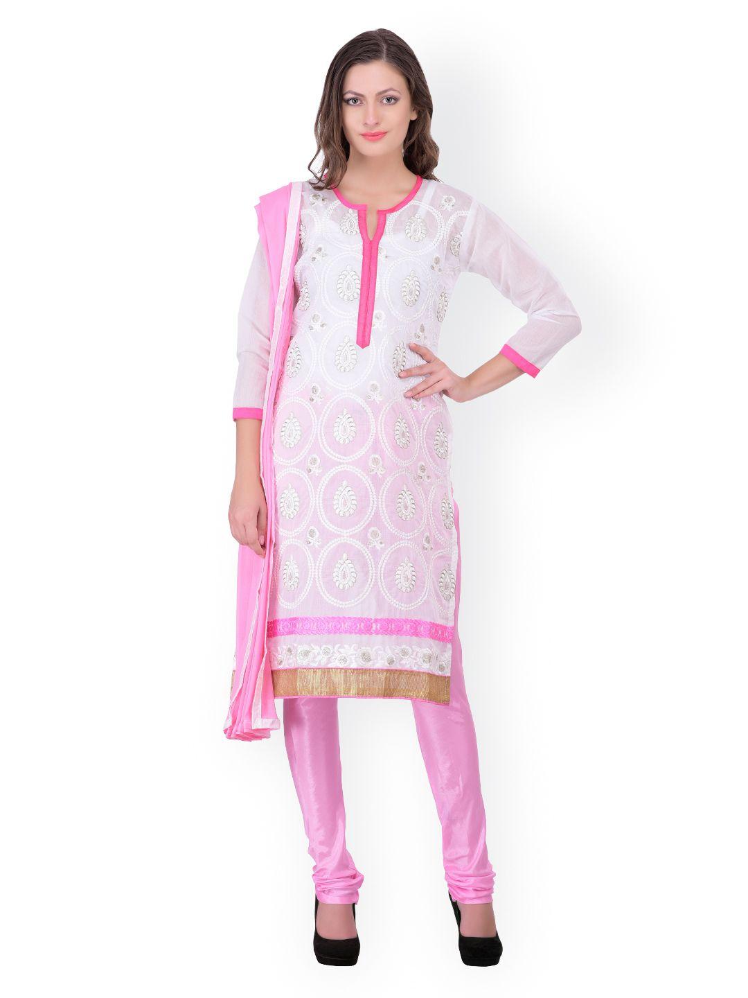 blissta white & pink chanderi unstitched dress material