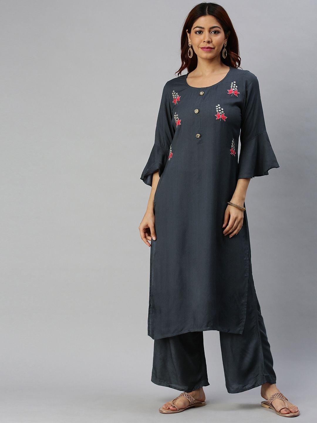 blissta women charcoal grey embroidered kurta with palazzos