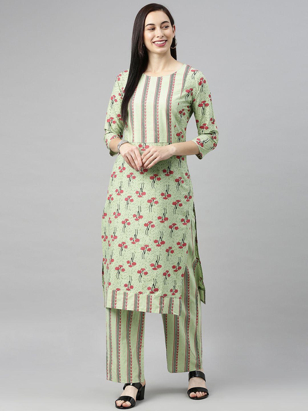 blissta women green printed kurta with palazzos