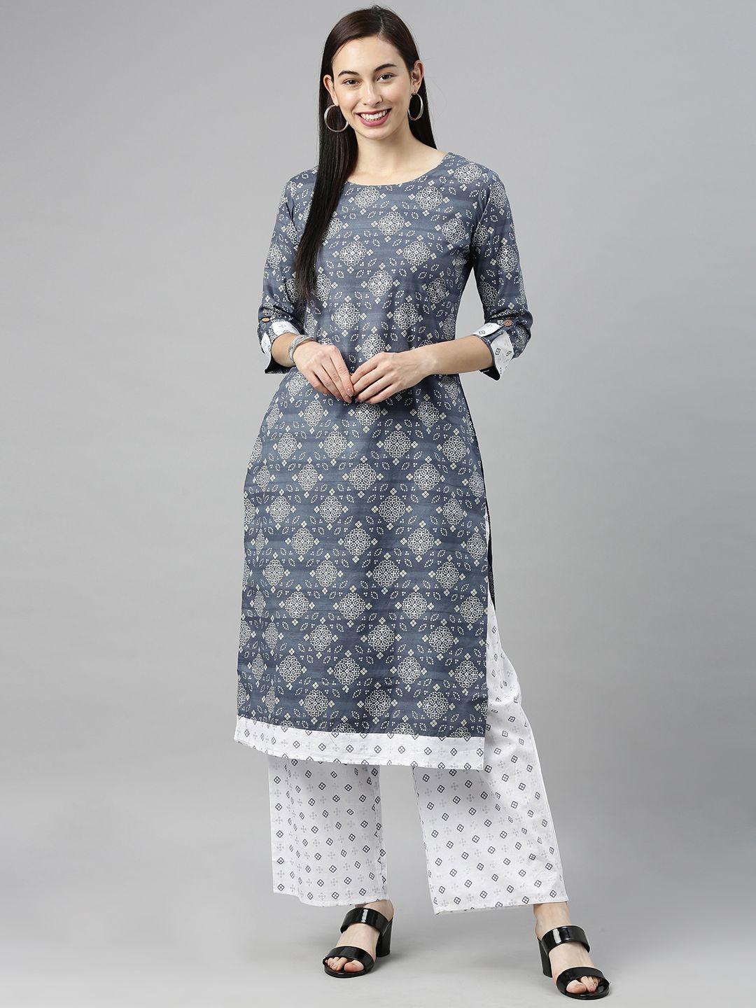 blissta women grey & white printed kurta with palazzos