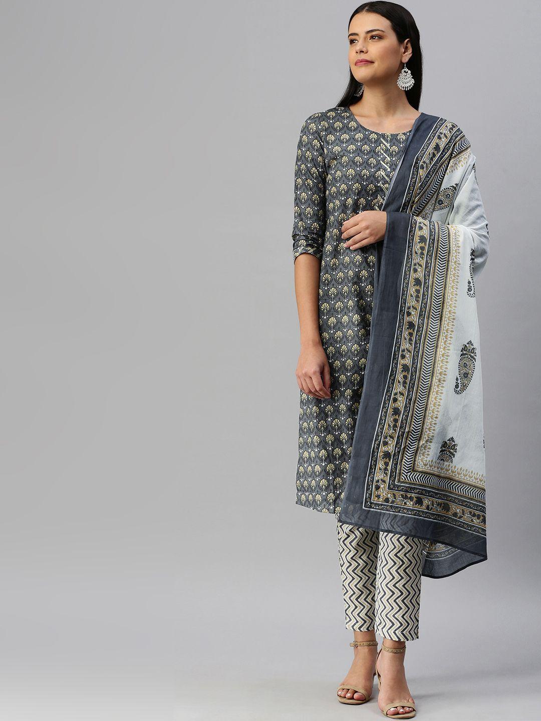 blissta women grey printed kurta with trousers & dupatta