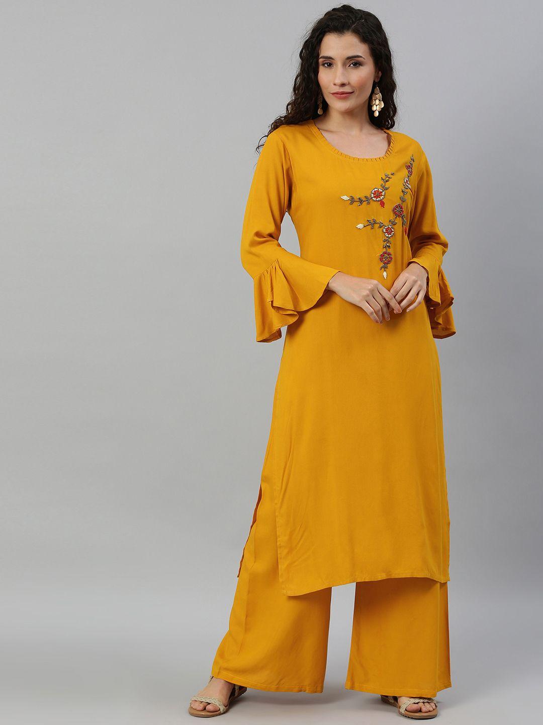 blissta women mustard yellow solid kurta with palazzos with embellished detailing