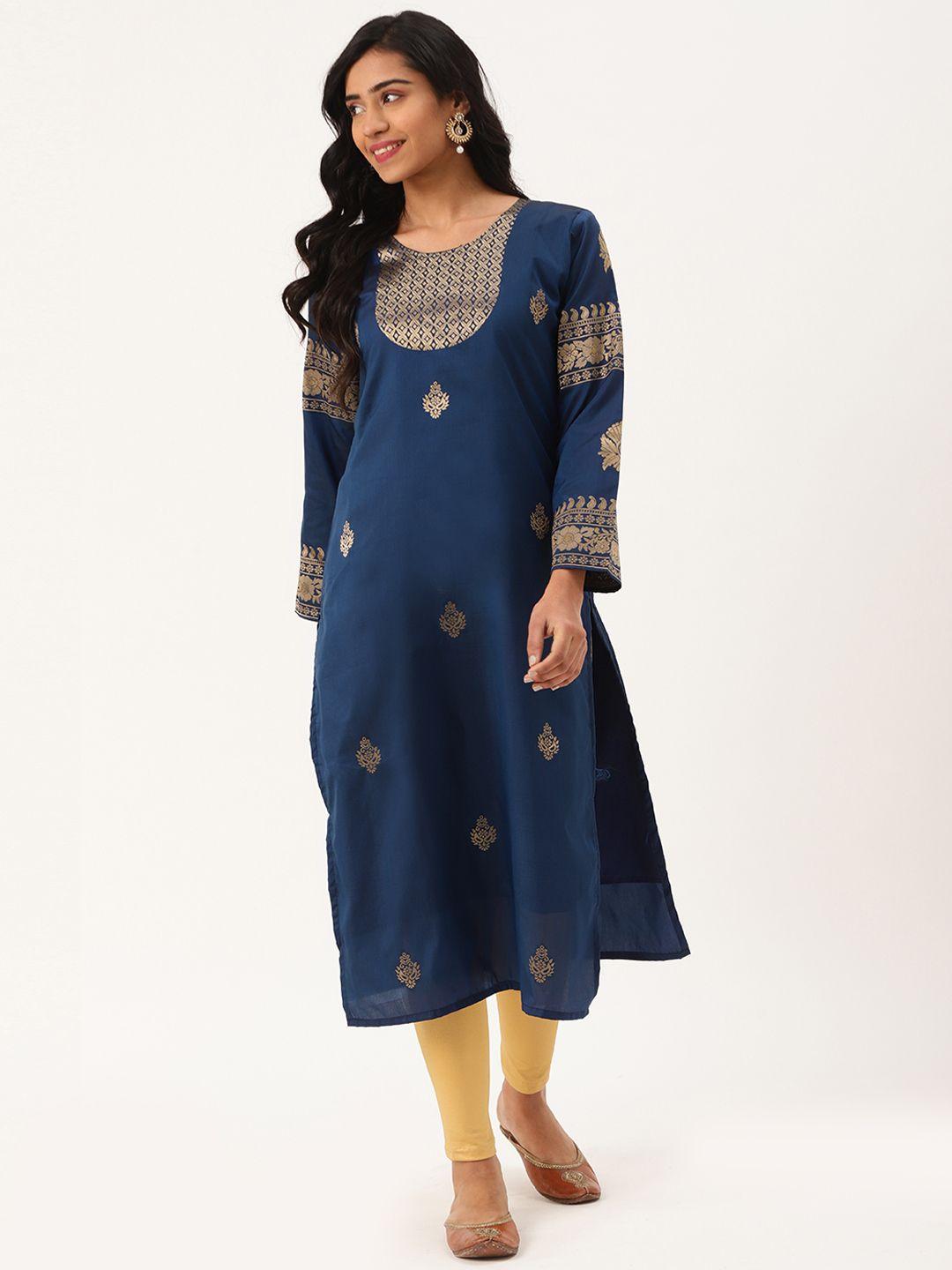 blissta women navy blue & golden jacquard weave woven design straight kurta