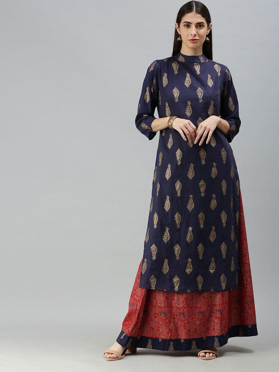 blissta women navy blue ethnic motifs printed kurta with rust-coloured skirt