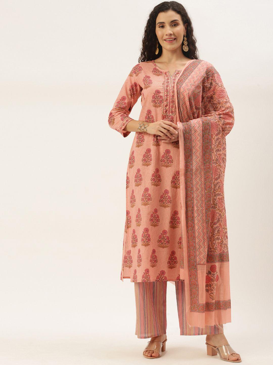 blissta women peach-coloured floral printed regular gotta patti kurta with palazzos & with dupatta