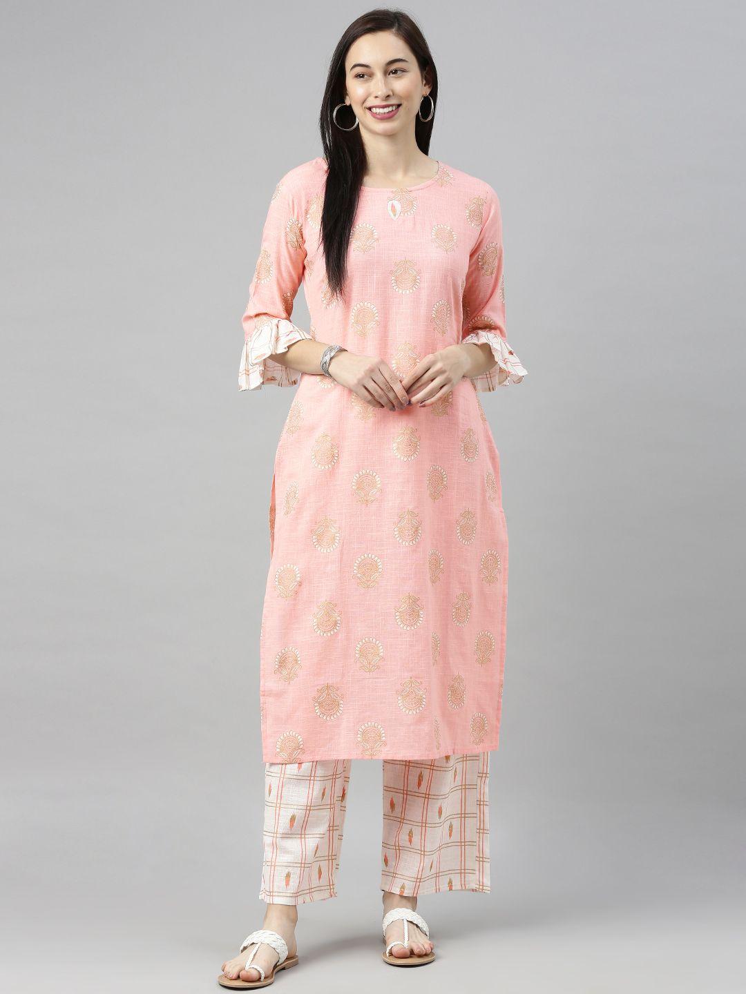 blissta women pink & beige printed kurta with palazzos