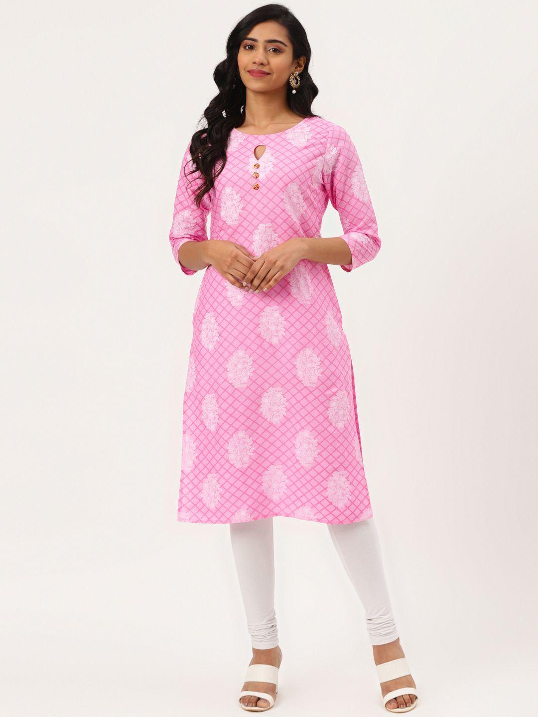 blissta women pink & white block printed straight kurta