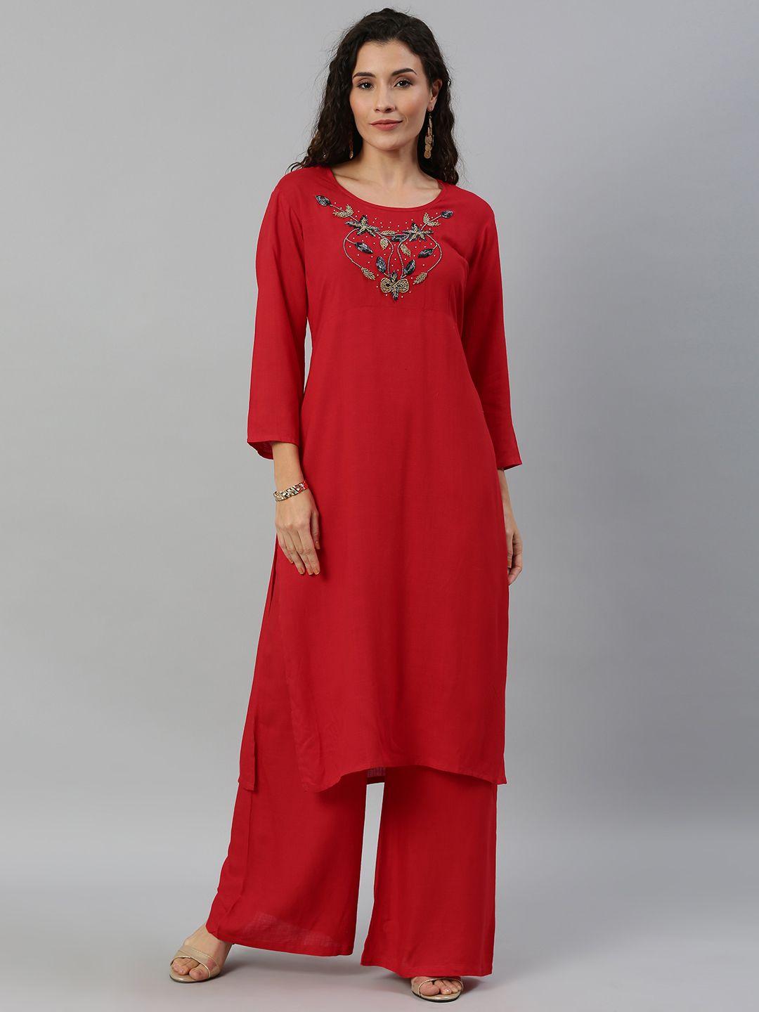 blissta women red yoke design kurta with palazzos