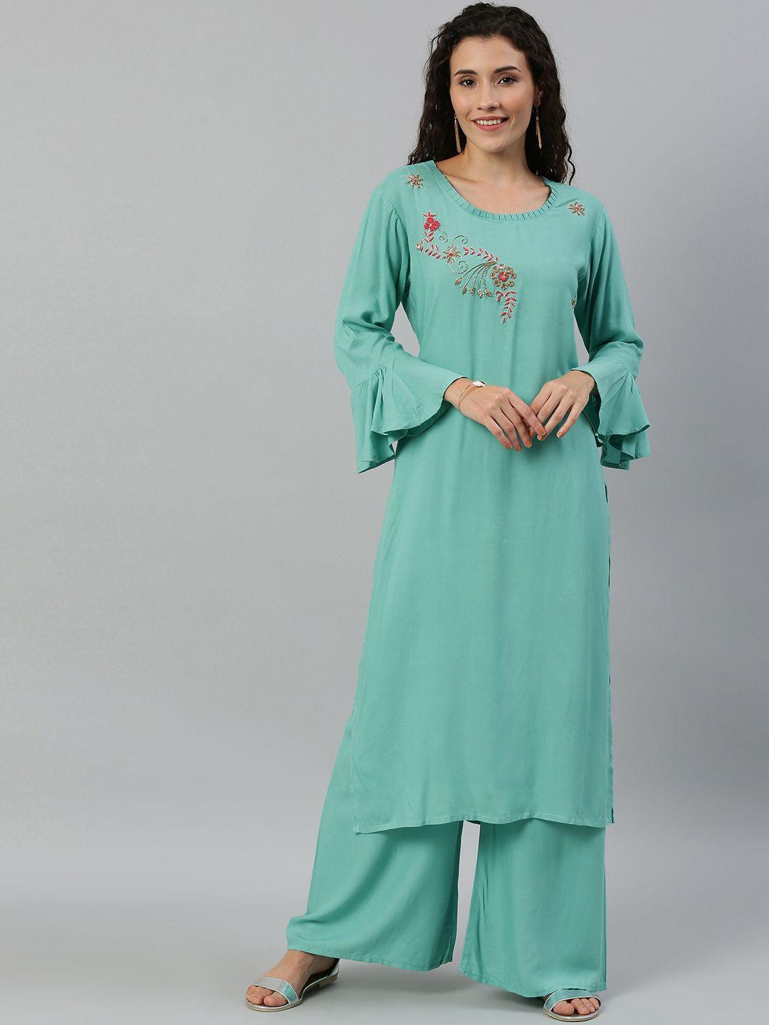 blissta women turquoise blue solid kurta with palazzos with embellished detailing