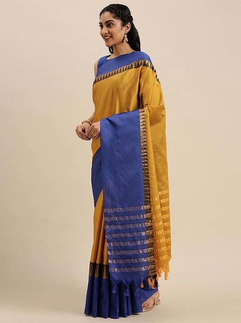 blissta yellow & blue cotton silk woven saree with unstitched blouse