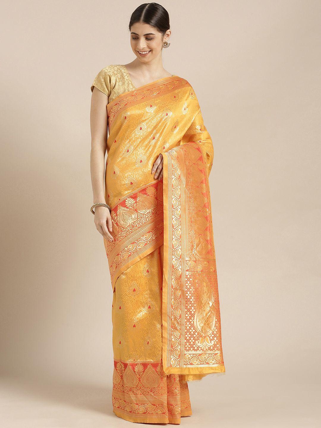 blissta yellow & gold-toned silk blend woven design kanjeevaram saree