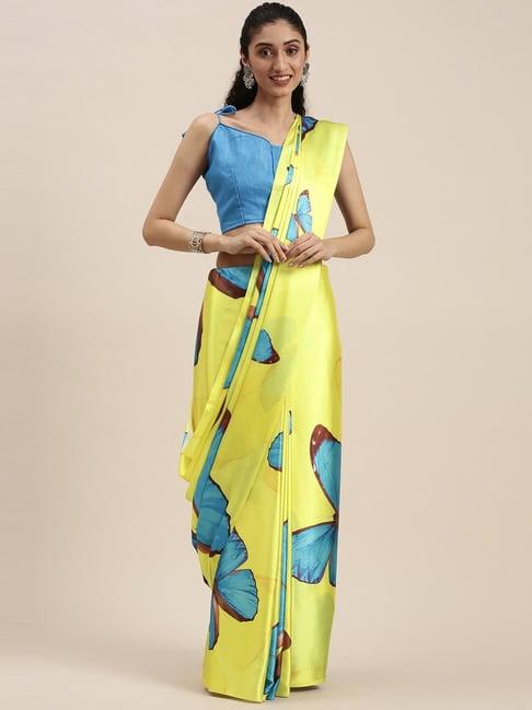 blissta yellow printed saree with unstitched blouse