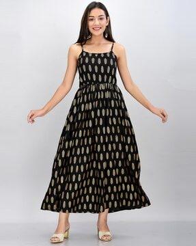 block print square-neck fit & flare dress