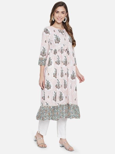 block studio hand block print white floral fit and flare fibre cotton kurta dress with lace work