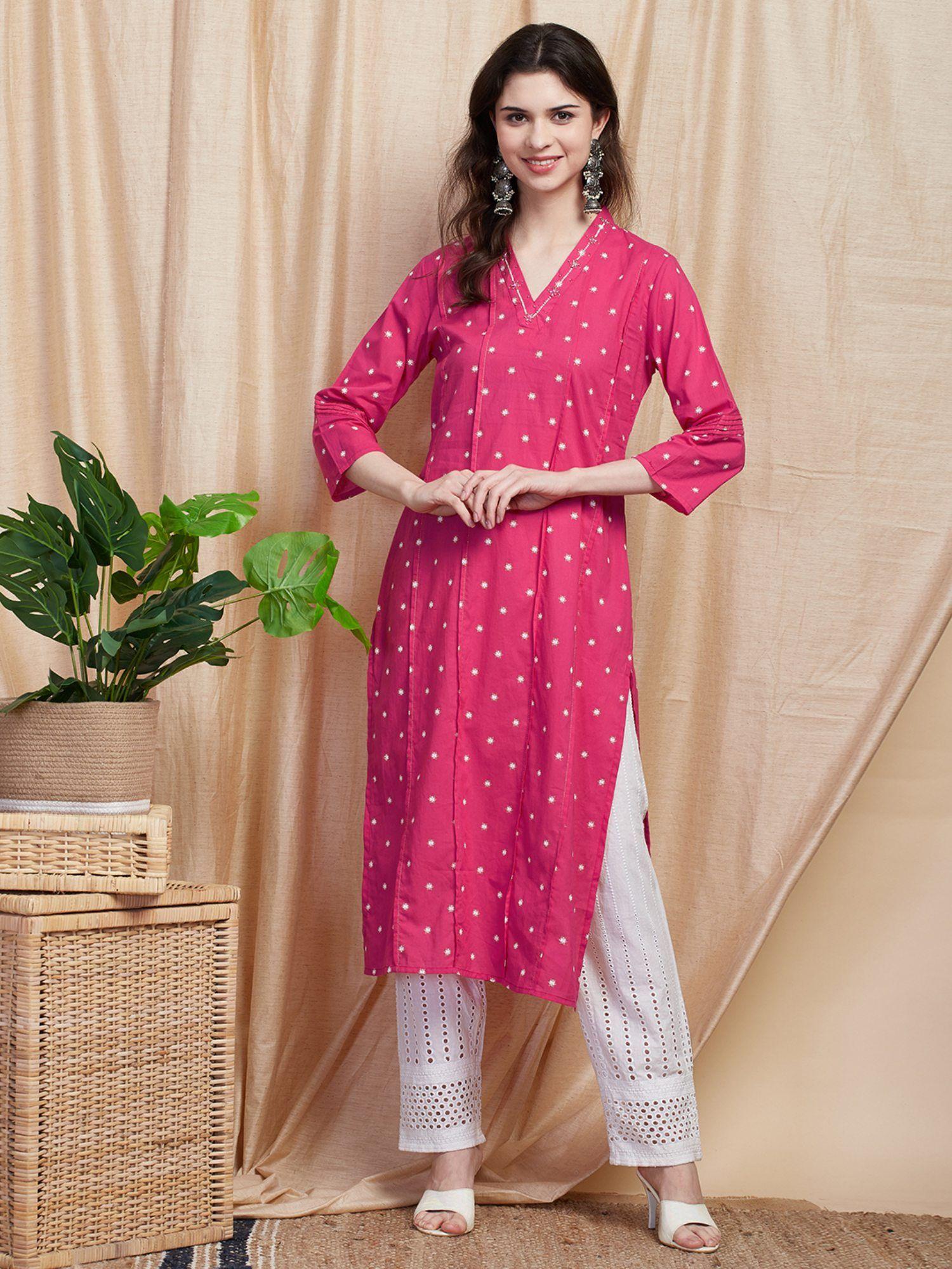 block & khari printed beads embroidered kurta - pink