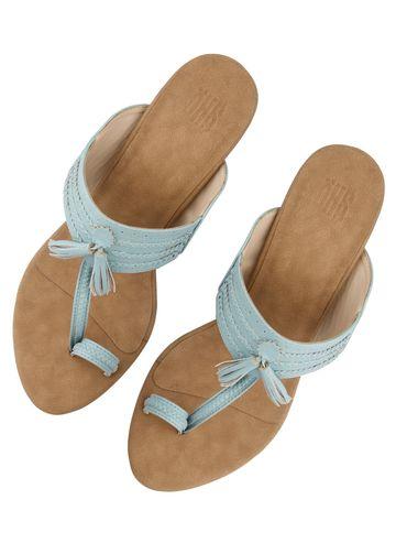 block heel light blue/tan kolhapuris