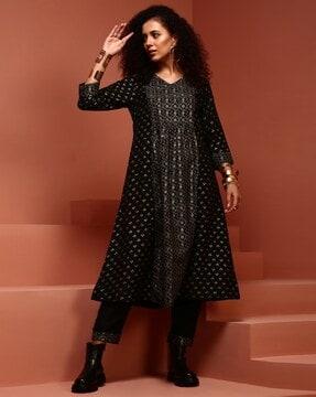 block print a-line kurta set