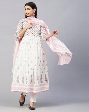 block print a-line kurta suit set