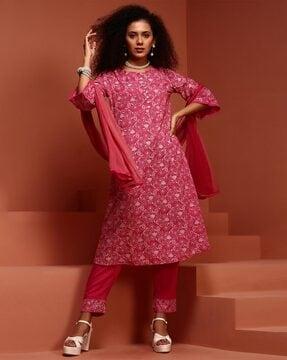 block print a-line kurta suit set