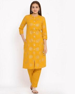 block print a-line kurta with insert pocket