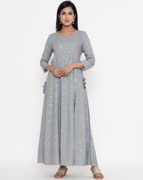 block print anarkali dress with side tassels