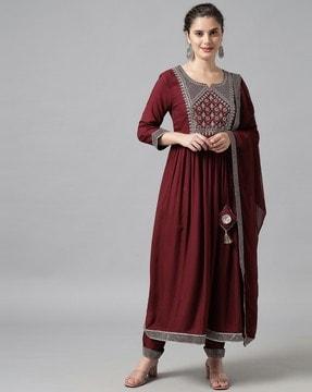 block print anarkali kurta & pant set with dupatta