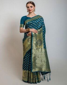 block-print banarasi silk saree with tassels