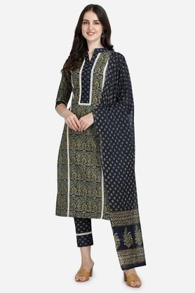 block print calf length cotton women's kurta set - navy