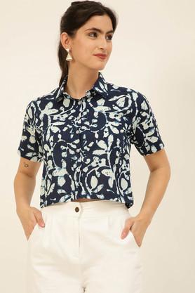 block print collared cotton women's fusion wear shirt - indigo