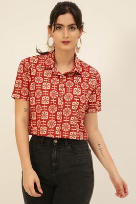 block print collared cotton women's fusion wear shirt - red
