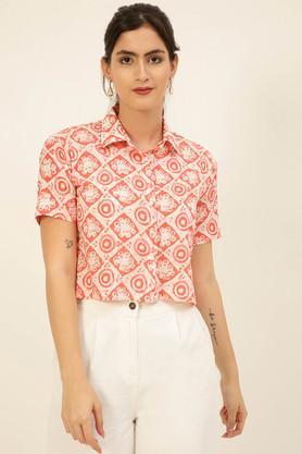 block print collared cotton women's fusion wear shirt - rose gold